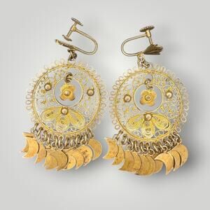 VTG 835 Silver Gilt Filigree Dangle Earrings Screw Back Crescent Moon Large14,9g